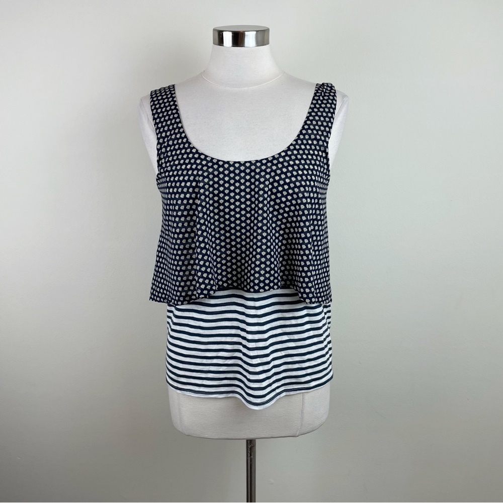 Meadow Rue Anthropologie Navy Blue White Floral Stripe Top Women Size Small